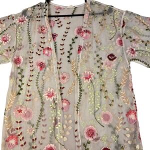 Trendy JS Floral Embroidered Mesh Kimono Cardigan White Pink Large Boho Sheer